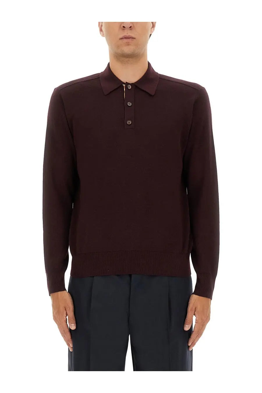 Burberry men’s dark burgundy knit polo shirt with classic collar and three buttons in red color