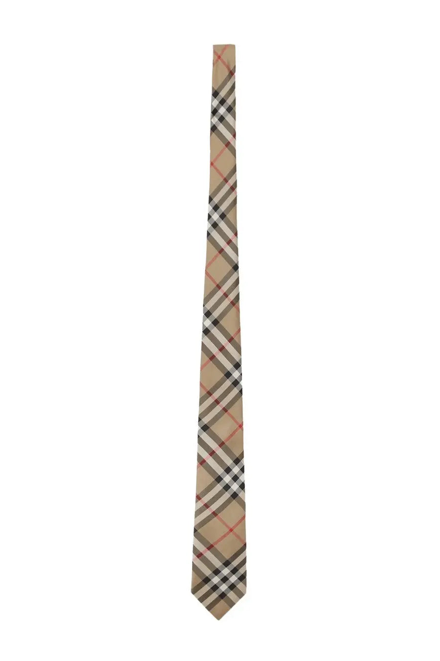 Beige burberry men’s silk check tie with black white and red intersecting lines in classic pattern design