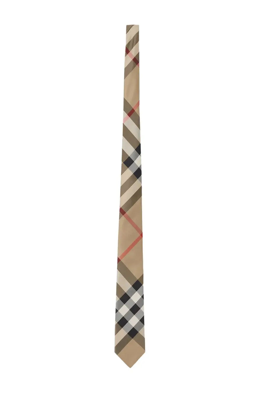 Beige gray black and red checkered Burberry men’s silk tie featuring classic Burberry pattern design