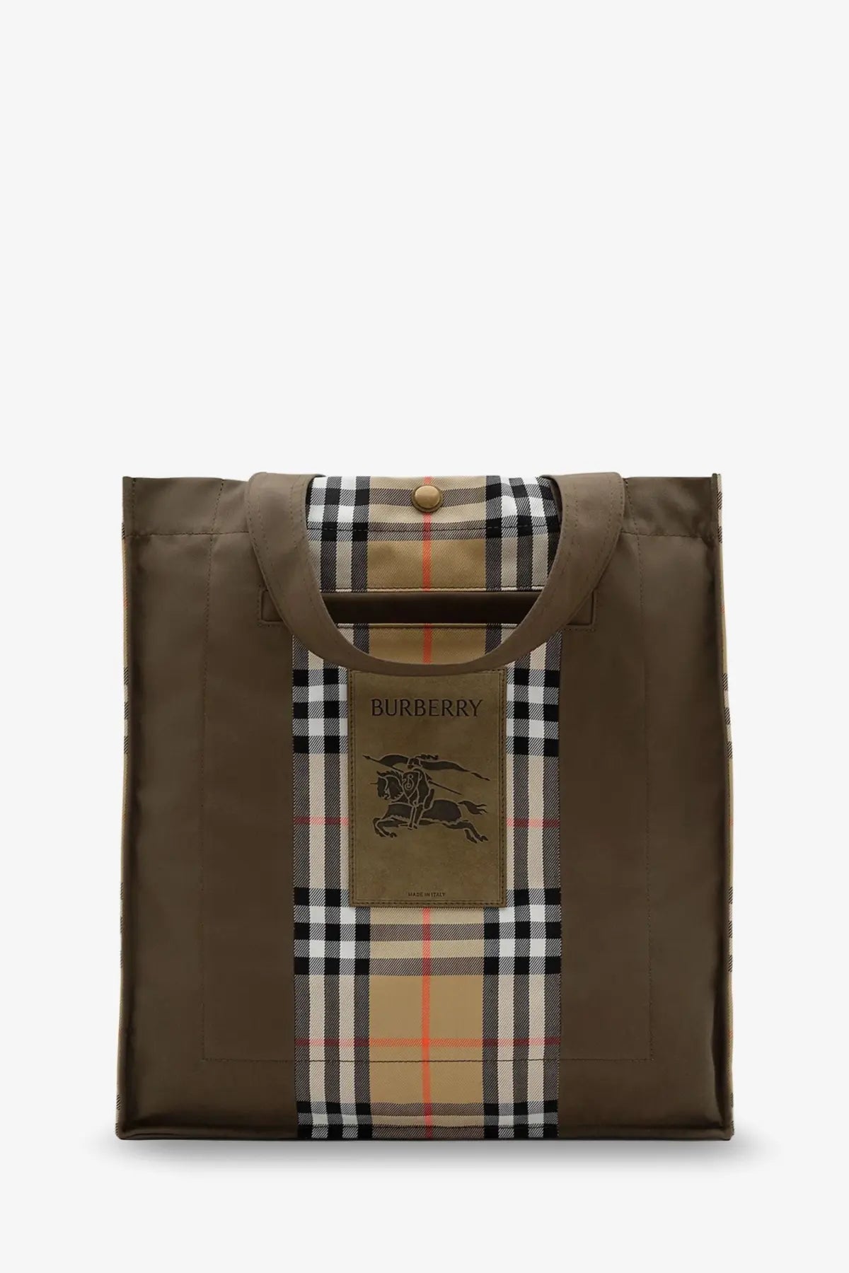 Brown burberry men’s tote trench check canvas shoulder bag with central plaid panel and leather logo patch