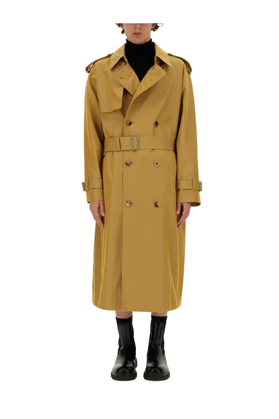 A mustard-yellow burberry men’s trench coat with belted waist double-breasted front and epaulets
