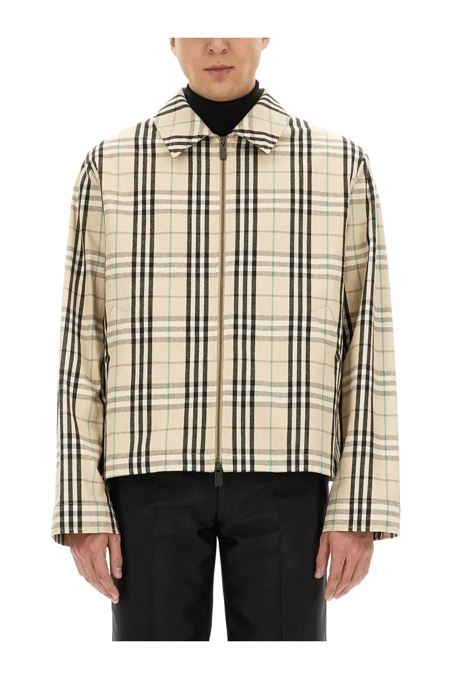 Burberry men’s vintage check beige zip-up jacket with classic collar in beige and black plaid pattern
