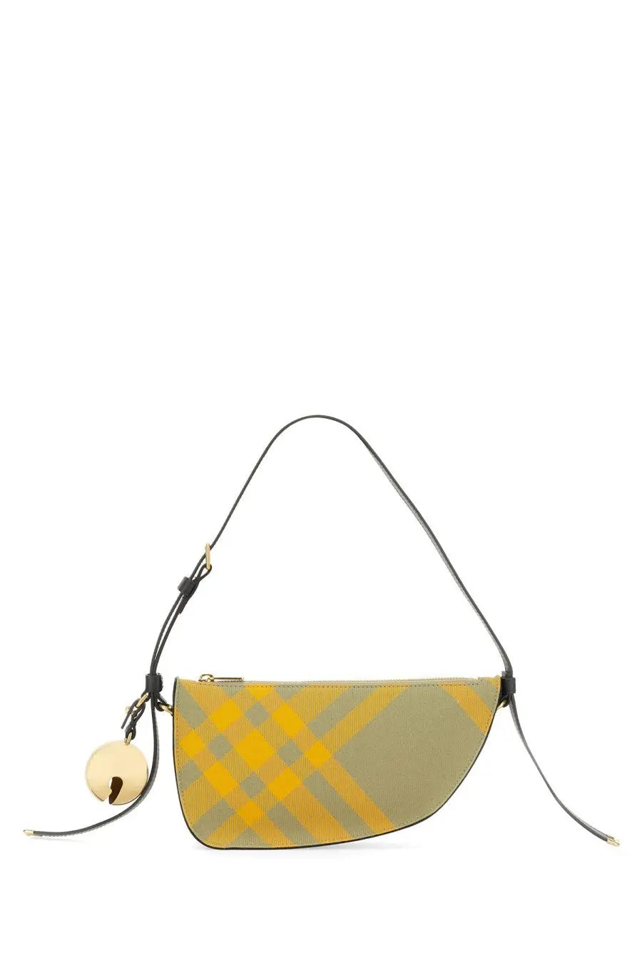 Burberry unisex mini shield bag in yellow and olive green checkered leather with gold-tone bell charm crossbody design