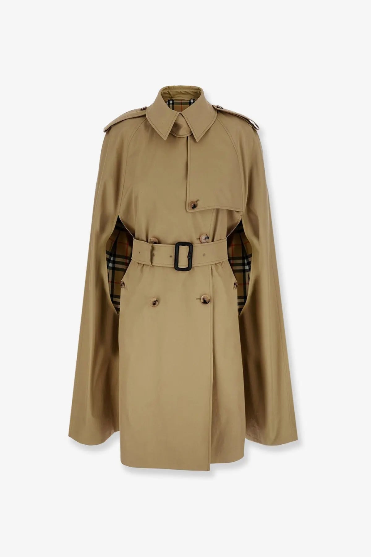 Burberry women’s Belmont beige cotton trench coat with belted waist and checkered lining featuring classic design details