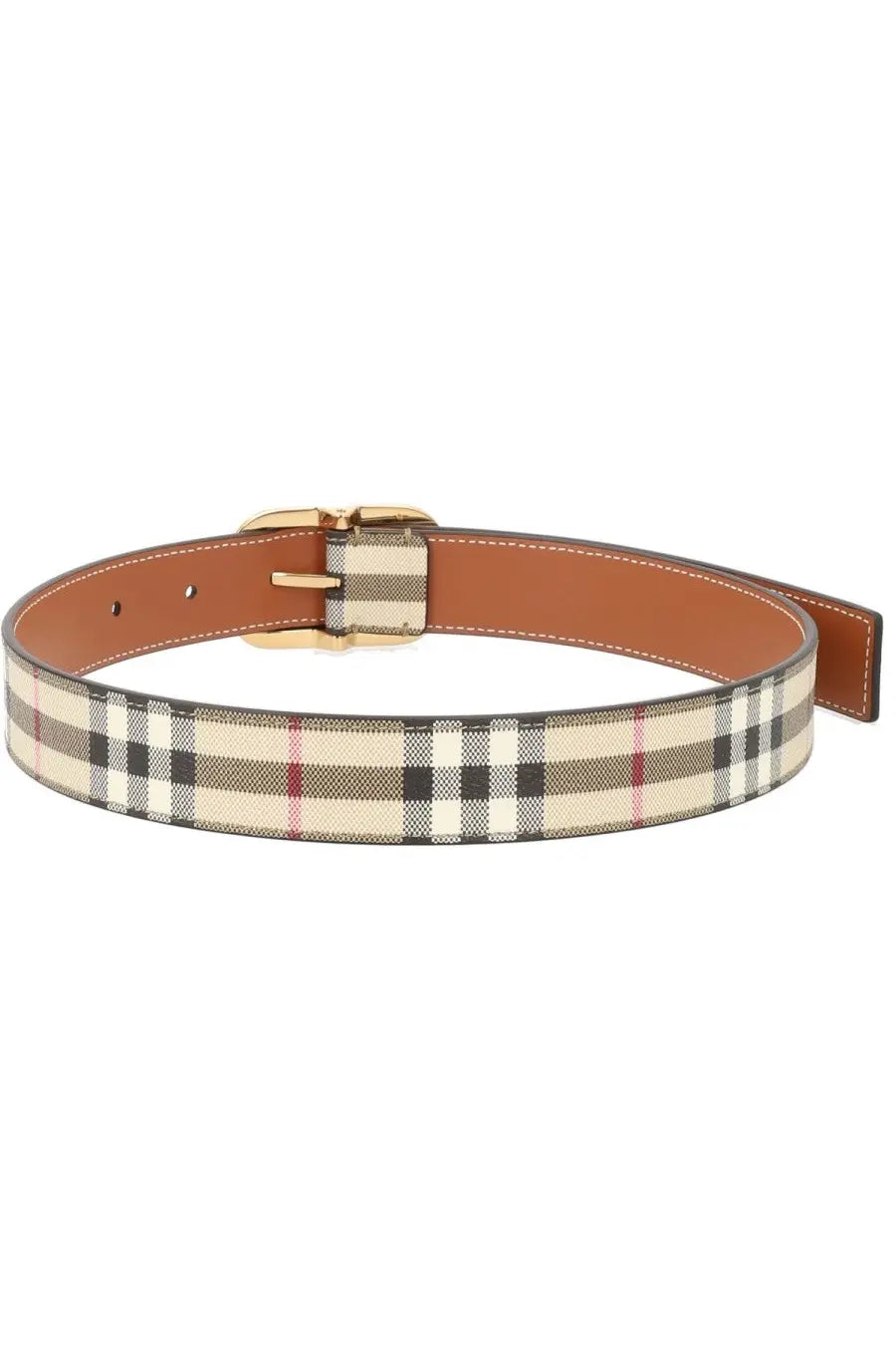 Burberry women’s beige black and red plaid leather belt with gold-tone buckle for stylish waist accessorizing