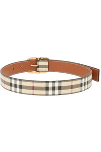 Burberry women’s beige black and red plaid leather belt with gold-tone buckle for stylish waist accessorizing