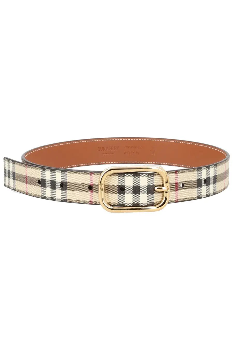 Burberry women’s beige black and red plaid leather belt with gold-tone buckle for stylish waist accessory