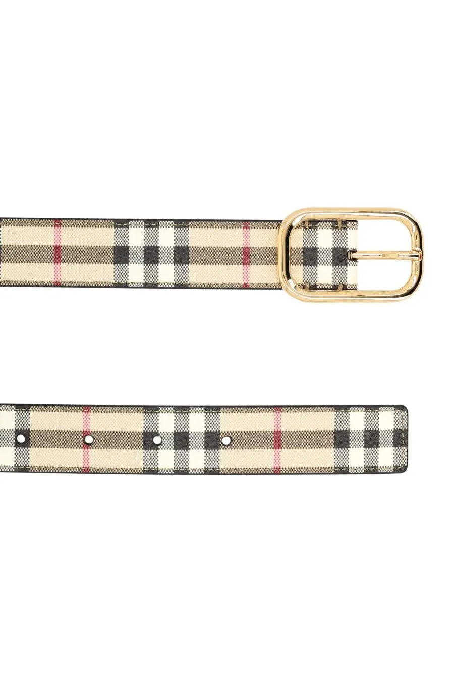 Burberry women’s beige check leather belt with black white red plaid pattern and gold tone buckle