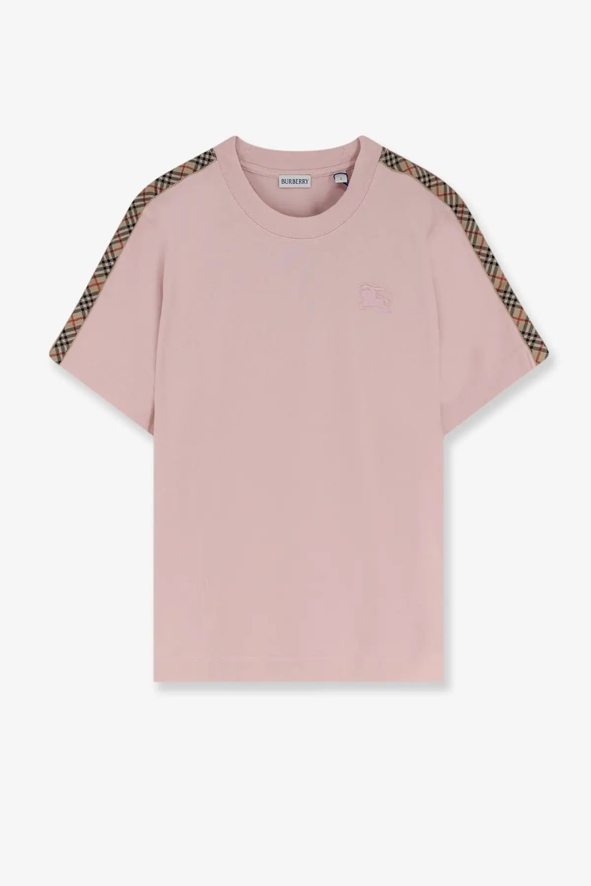 Burberry women’s soft pink biologic cotton shirt with short sleeves and plaid shoulder panels bouquet design