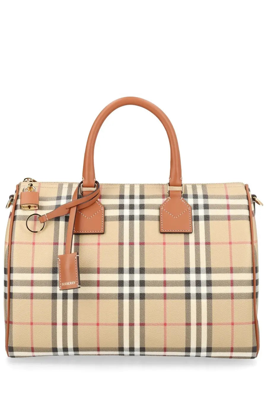 Burberry women’s borsa bowling check medium beige satchel in beige black and red check with tan leather handles and accents