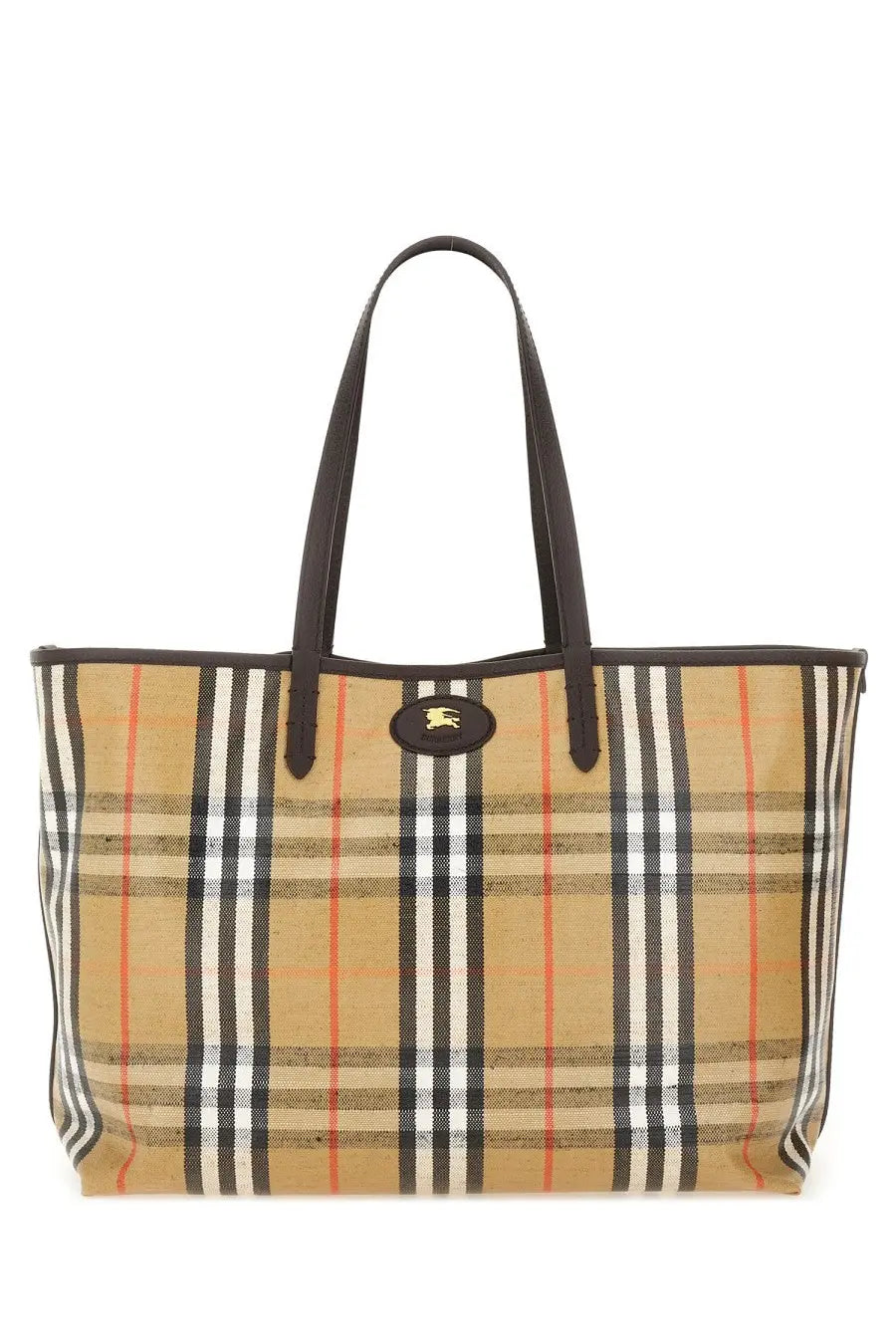 Burberry women’s borsa spalla tote in beige black white and red plaid canvas with black leather handles and gold logo plaque
