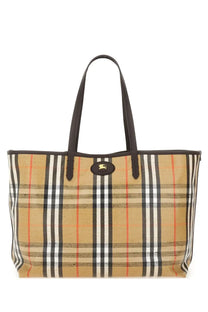Burberry women’s borsa spalla tote in beige black white and red plaid canvas with black leather handles and gold logo plaque