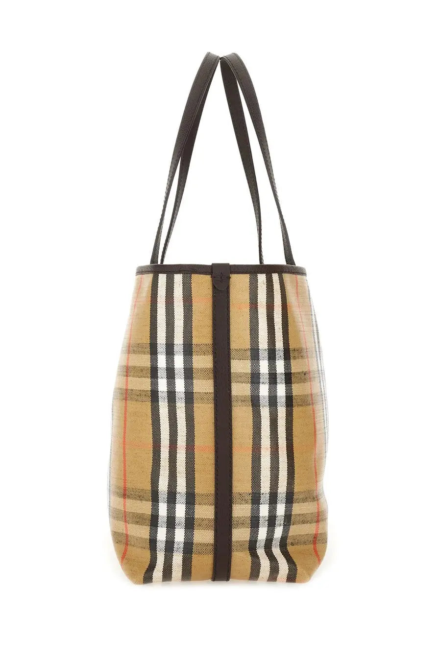Burberry women’s beige black white and red plaid canvas tote bag with dark brown leather handles