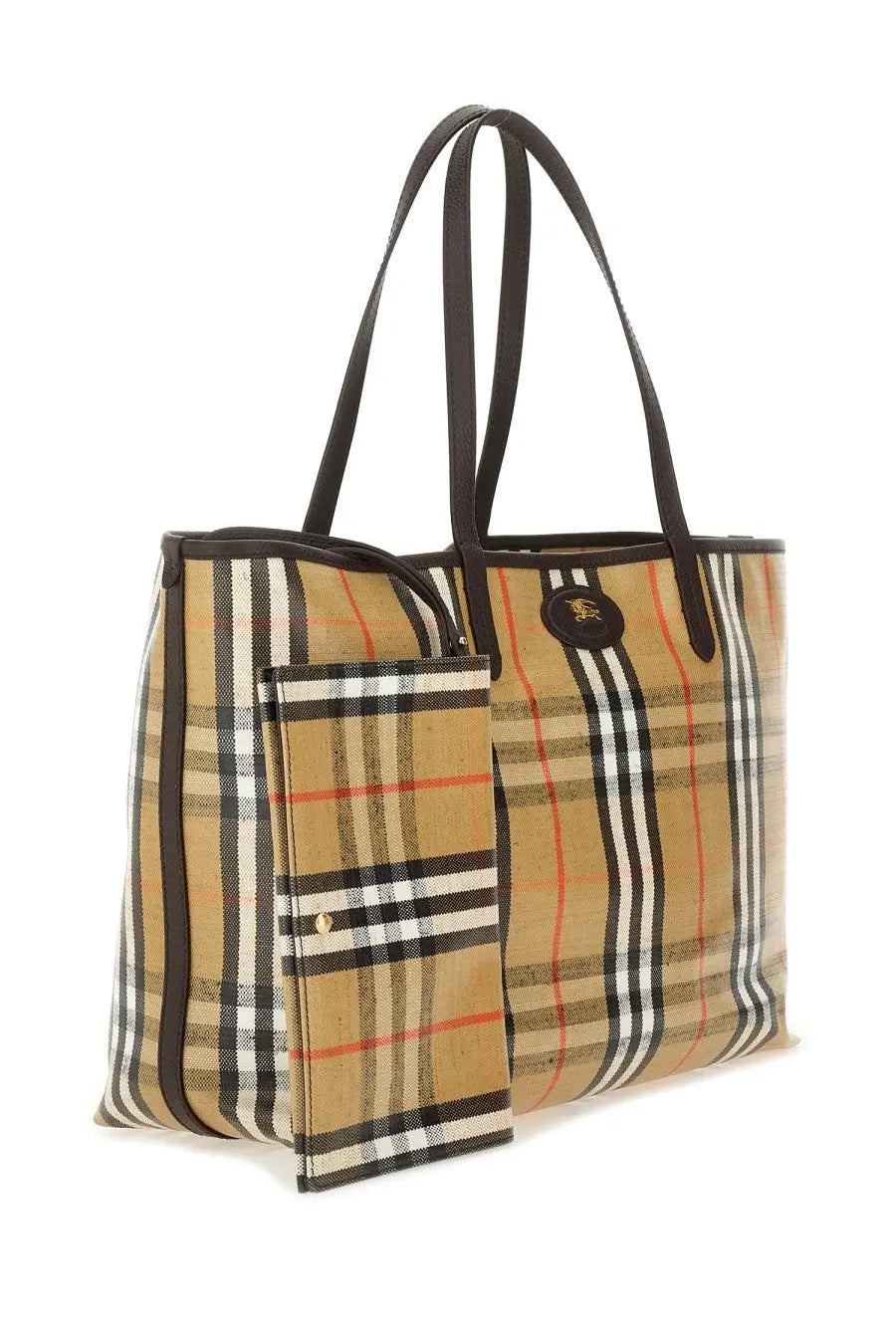 Burberry women’s borsa spalla tote in beige black white and red plaid canvas with black leather handles and trim
