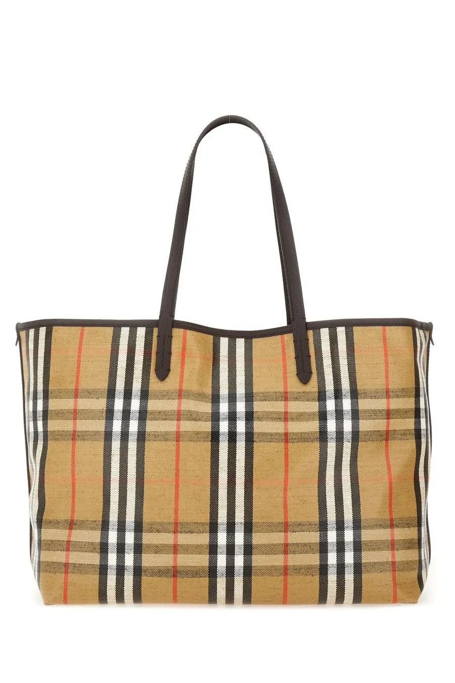 Burberry women’s borsa spalla tote in beige black white and red plaid canvas with dark brown leather handles