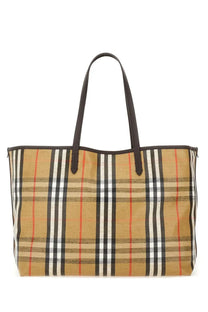Burberry women’s borsa spalla tote in beige black white and red plaid canvas with dark brown leather handles