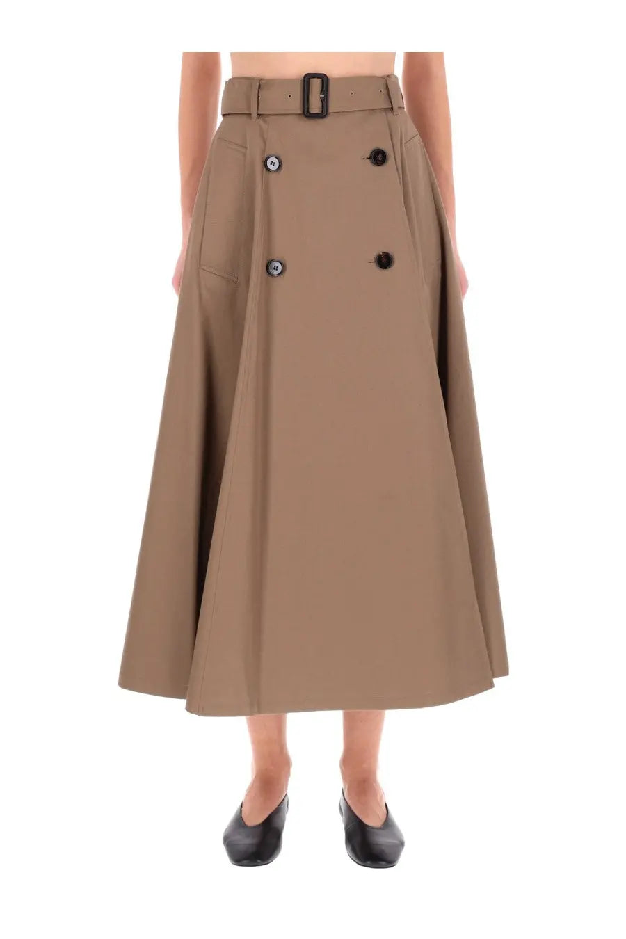 Beige Burberry women’s Brenda midi skirt with black buttons and matching belt in a double-breasted design
