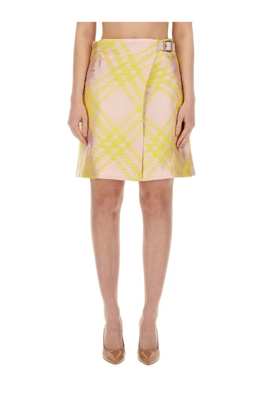 Burberry women’s multicolor check pattern mini skirt with vibrant yellow and pink geometric design and metallic belt buckle