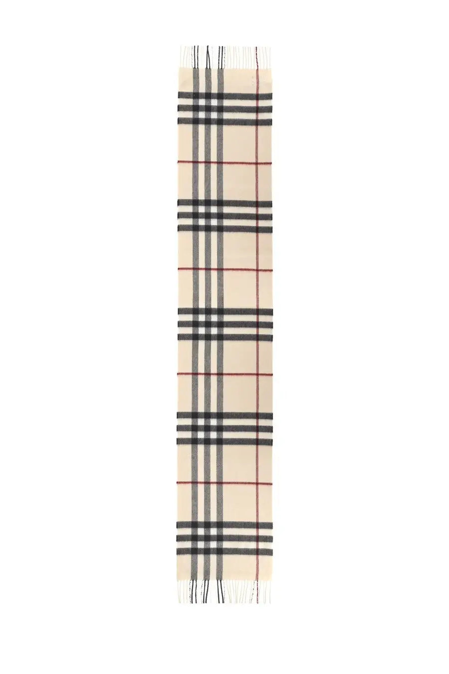 Beige burberry women’s check scarf with black and red stripes and fringed ends in multicolor design