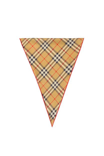 Burberry women’s check scarf multicolor beige and black plaid triangular scarf with red trim and iconic Burberry check pattern