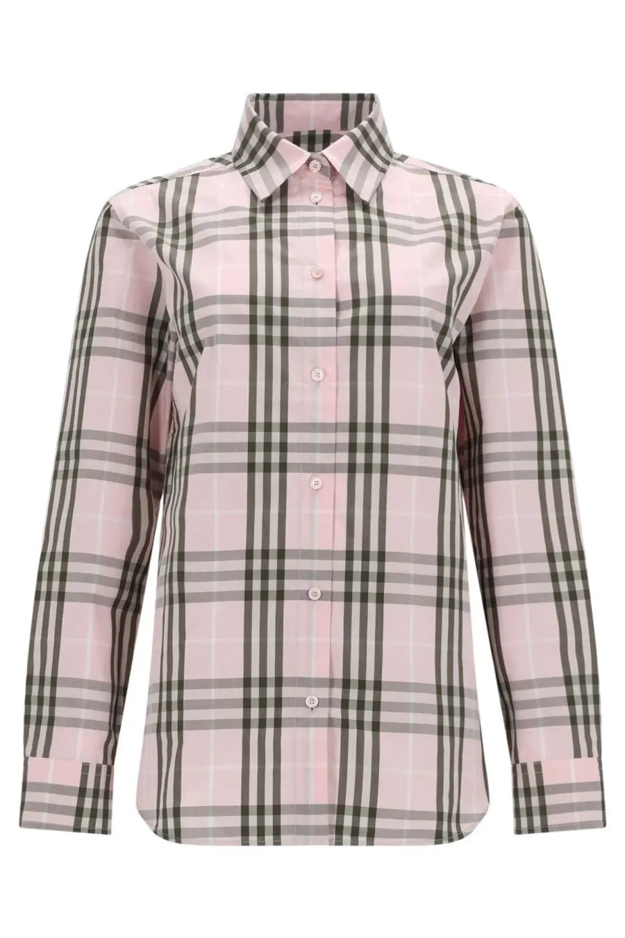 Burberry women’s check shirt in blue featuring a pink and black plaid long-sleeved button-up with classic collar