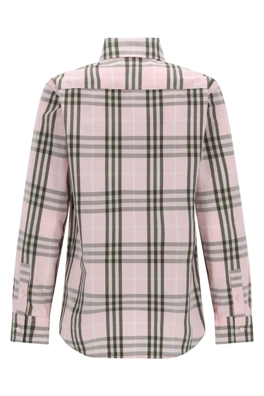 Burberry women’s check shirt blue featuring a pink and gray plaid long-sleeved button-up with classic collar