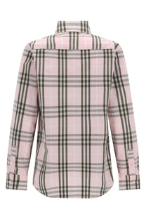 Burberry women’s check shirt blue featuring a pink and gray plaid long-sleeved button-up with classic collar