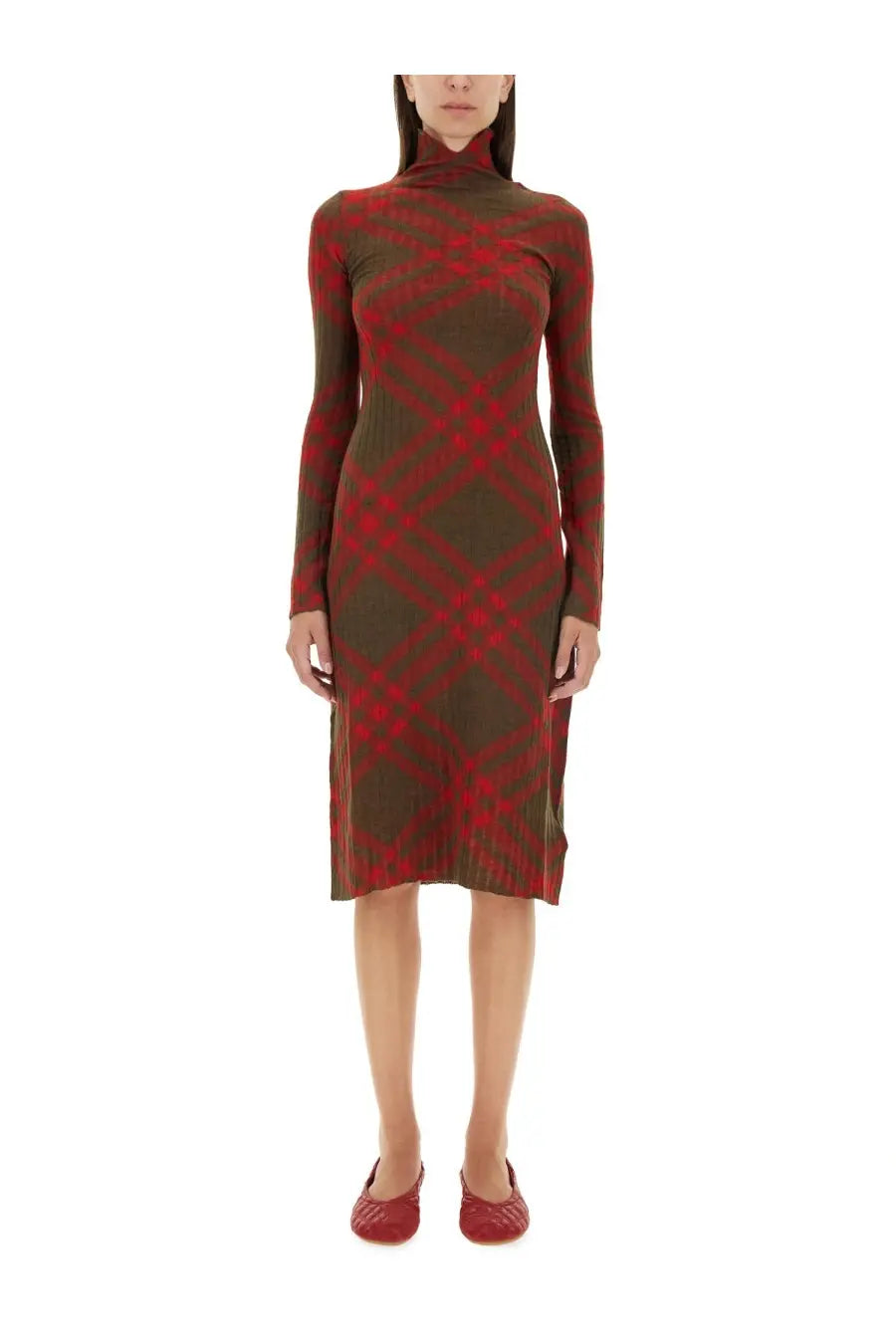 A fitted long sleeved turtleneck dress in red and olive green plaid wool blend by Burberry for women