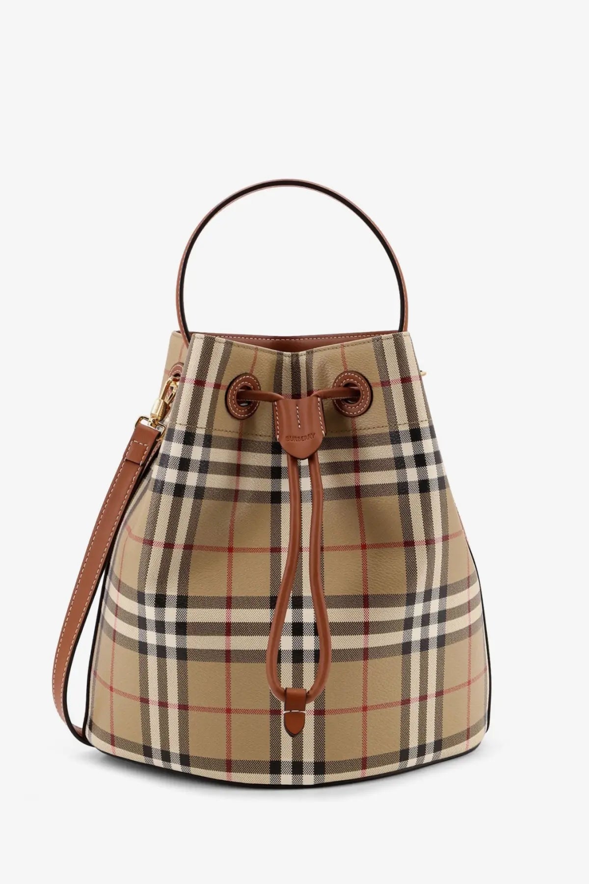 Burberry women’s coated canvas bucket bag in beige black white and red plaid with brown leather handles and drawstring closure