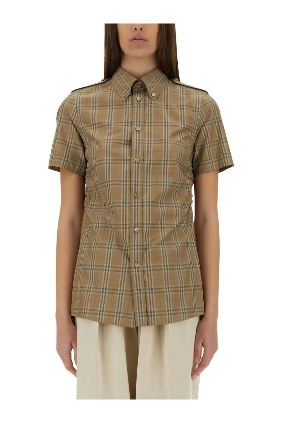 Burberry women’s cotton check shirt brown tan and beige plaid short sleeved button up with classic collar