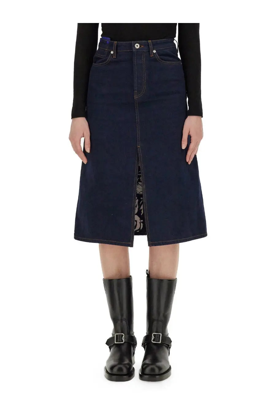 Burberry women’s dark blue denim midi skirt with front zipper and classic five-pocket design