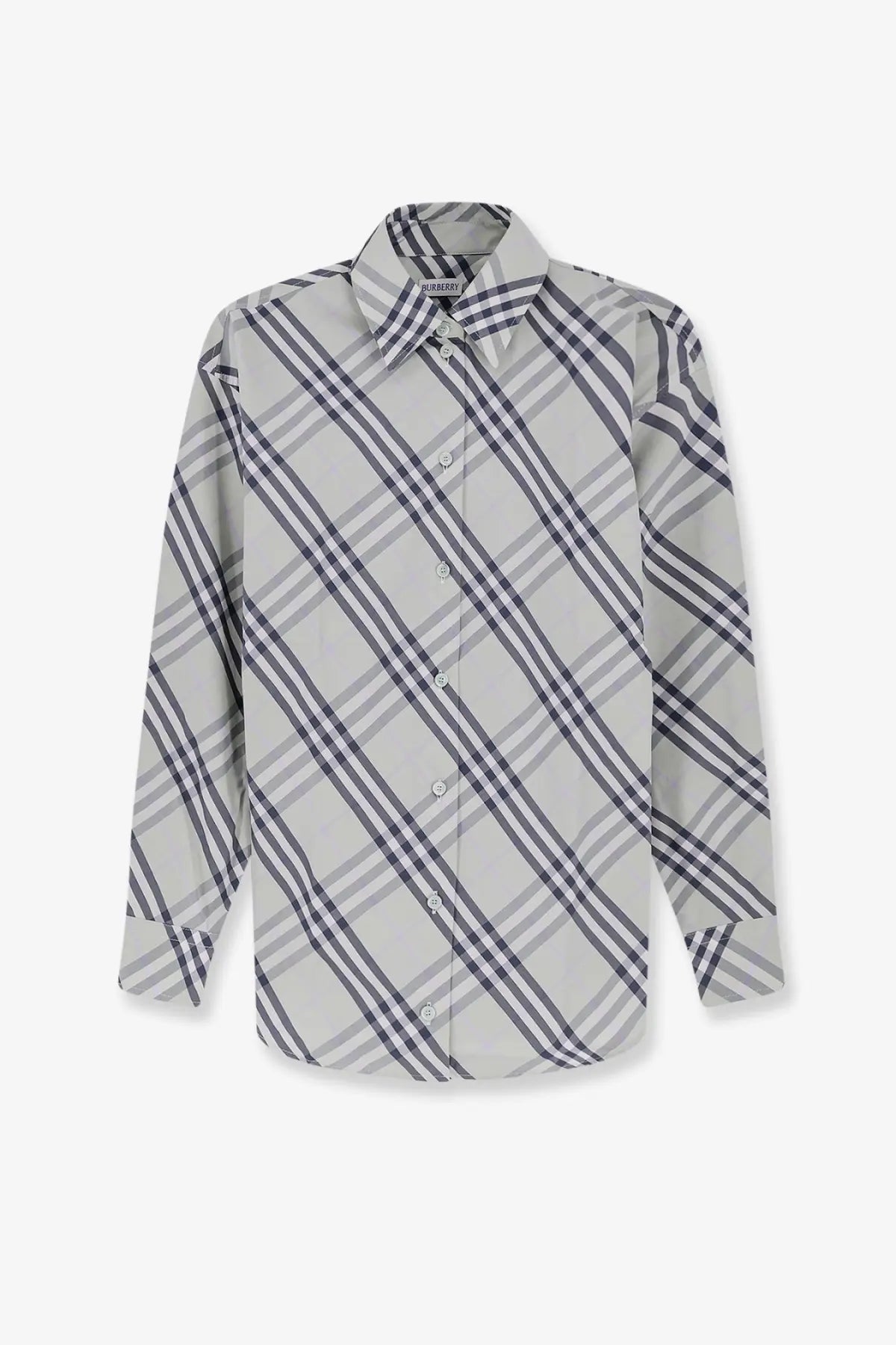 Burberry women’s Emma cotton shirt in green with gray and black plaid long sleeves and classic collar