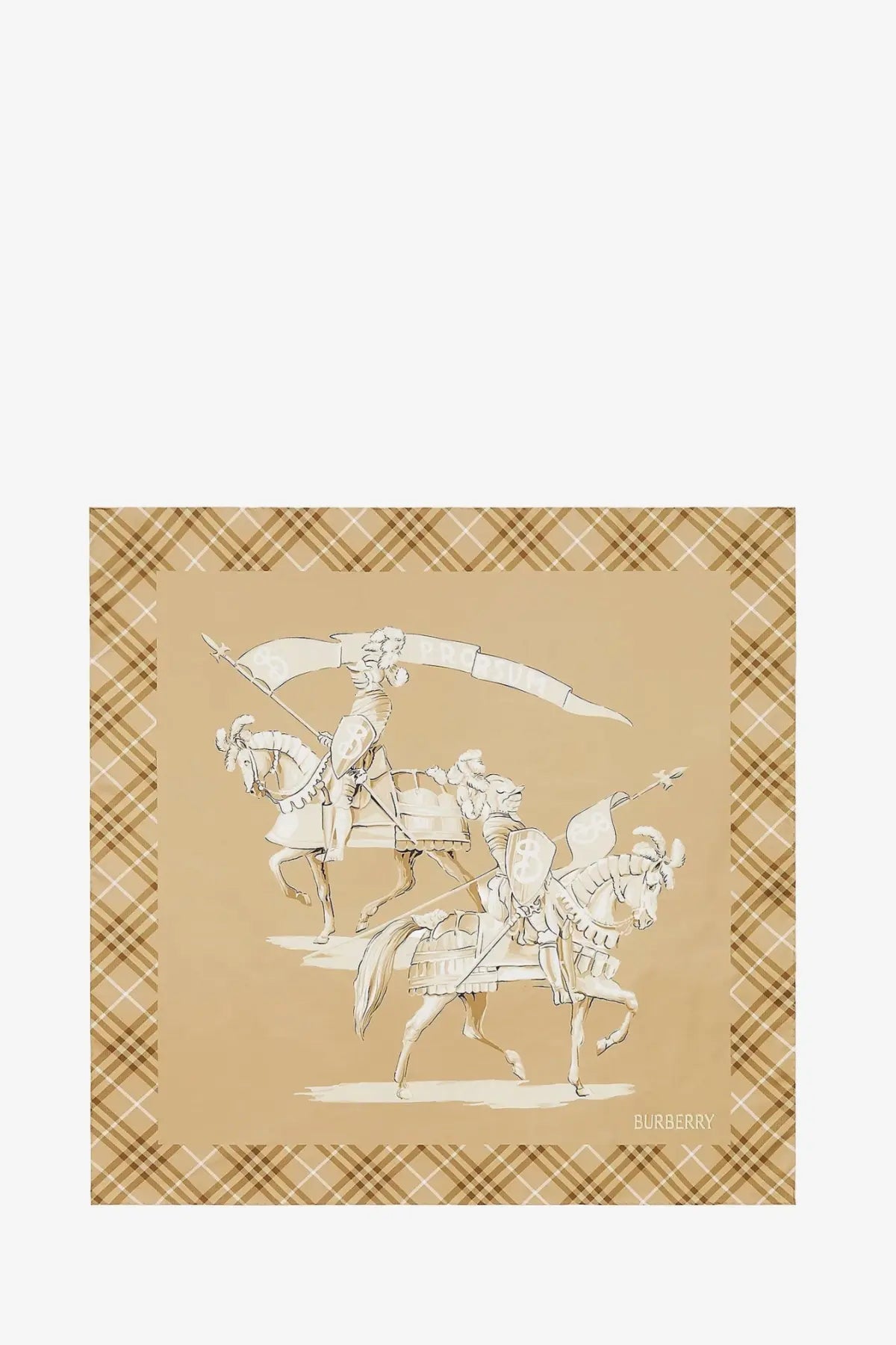 Burberry womens beige foulard in seta with cream knight on tan plaid scarf