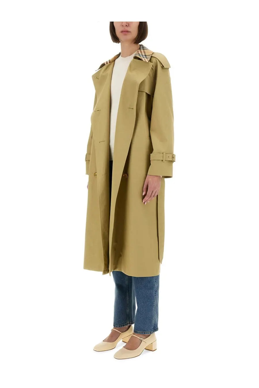 Beige burberry women’s long castleford trench coat with classic collar and belted waist in lightweight fabric
