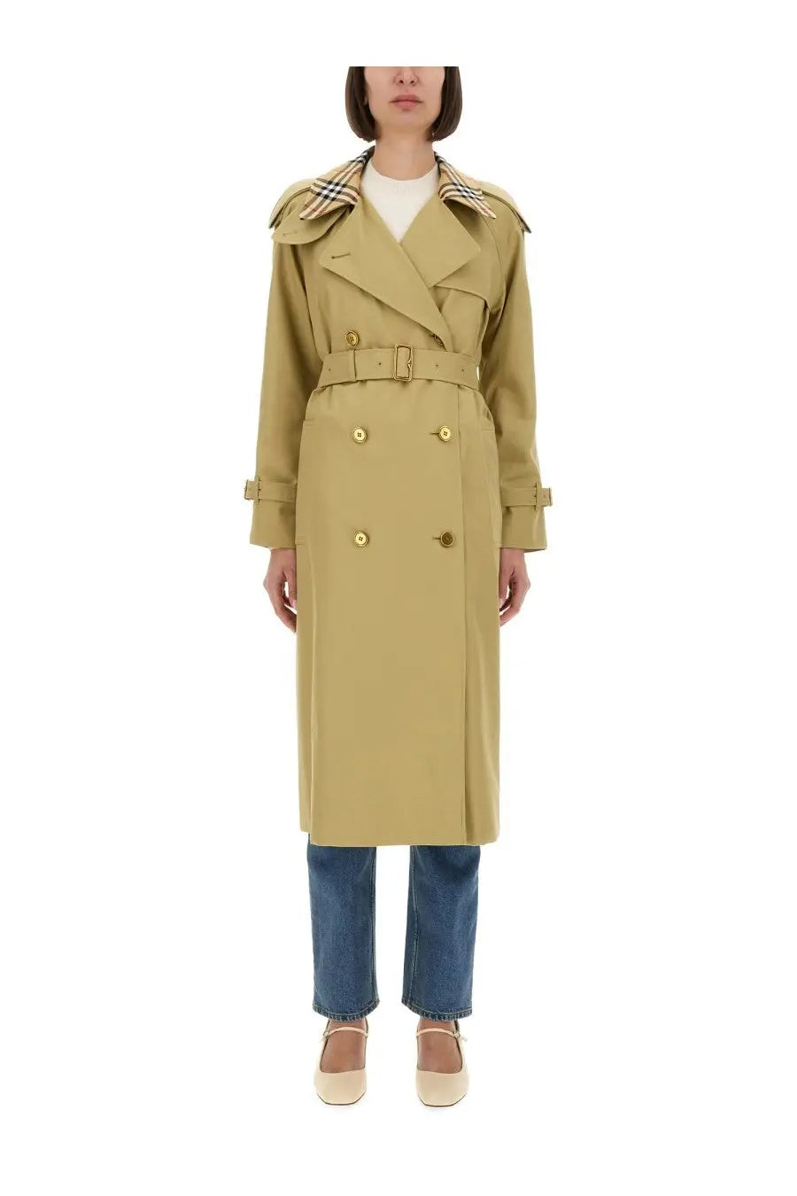 Burberry women’s long beige Castleford trench coat with double-breasted design gold buttons belt and check-patterned collar