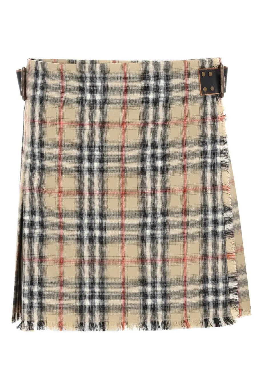 Burberry women’s minigonna kilt in lana check multicolor with beige black white and red plaid tartan and frayed hem