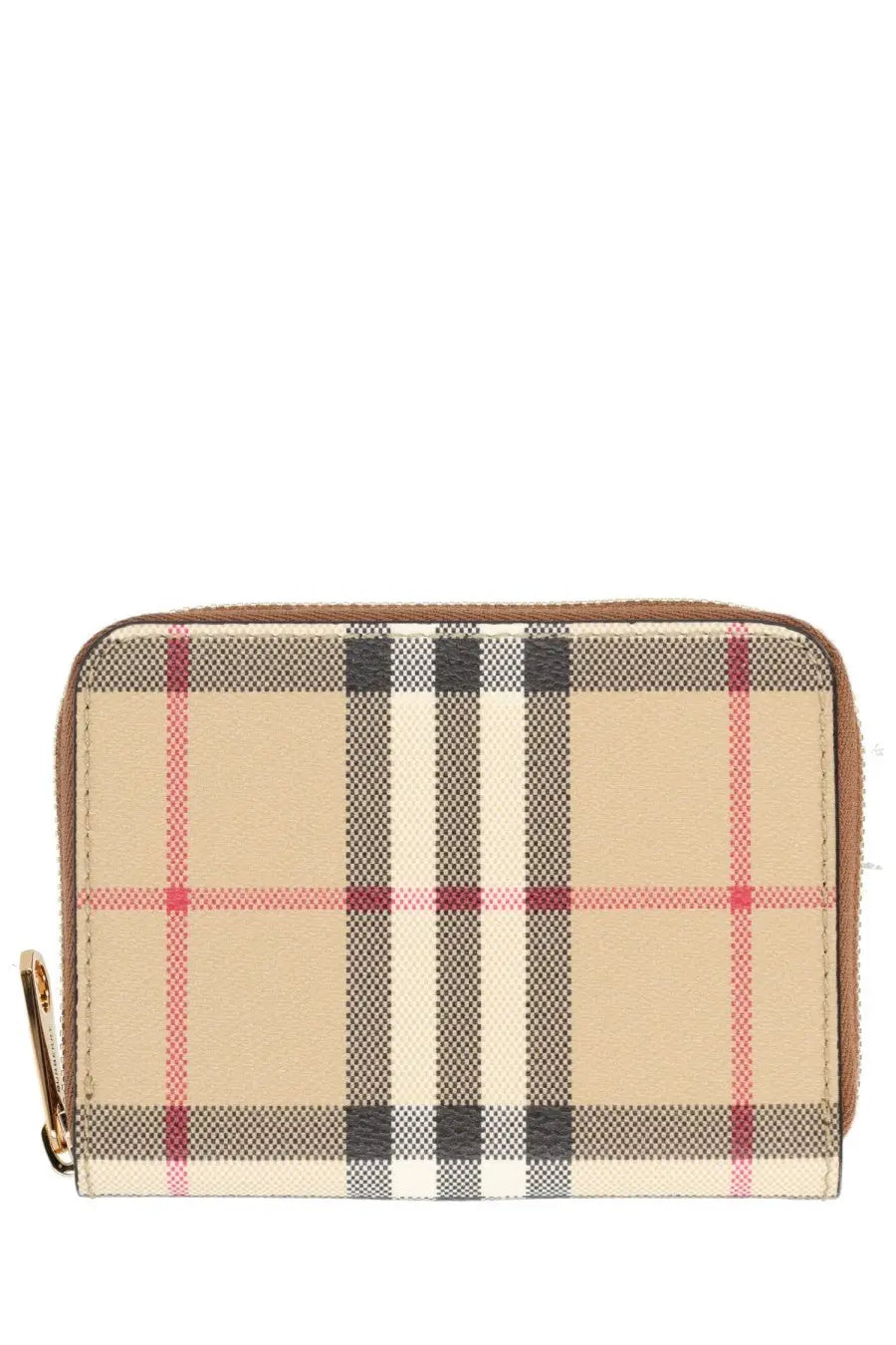 Burberry women’s portafoglio check beige wallet with beige black and red plaid pattern brown leather trim and gold zipper pull