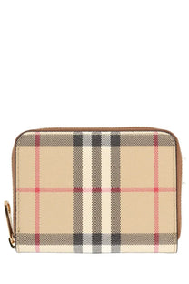 Burberry women’s portafoglio check beige wallet with beige black and red plaid pattern brown leather trim and gold zipper pull