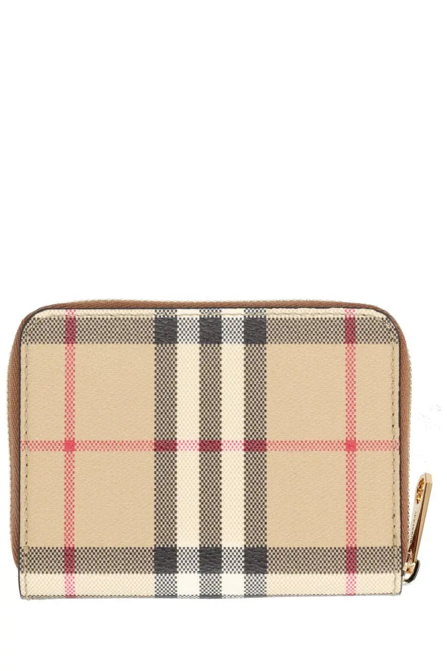 Beige and red plaid zippered wallet with tan leather trim burberry women’s portafoglio check beige