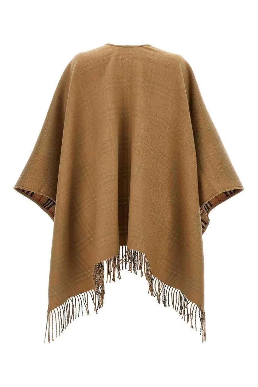Burberry women’s reversible check wool cape beige with tan wool exterior and fringed hem showing back side