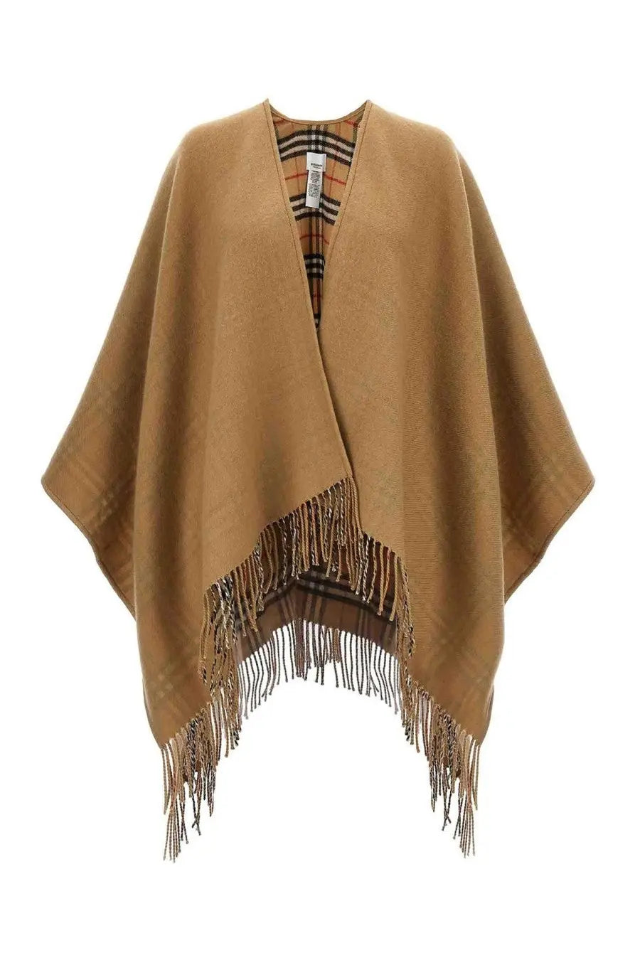Burberry women’s reversible check wool cape beige with tan wool exterior and fringed edges showing checkered lining