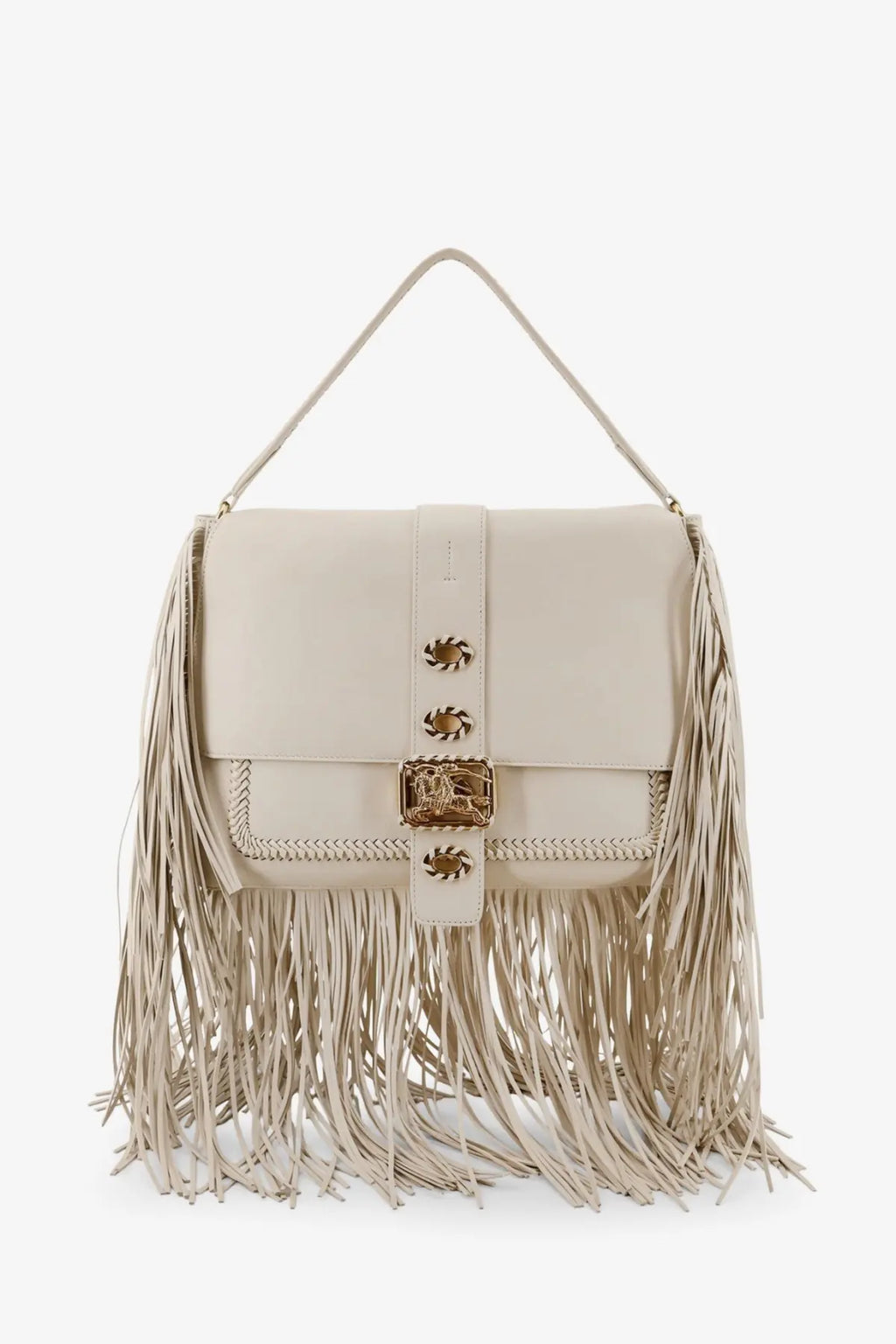 Cream-colored Burberry women’s rider leather handbag with fringe detailing and gold-tone hardware soap finish