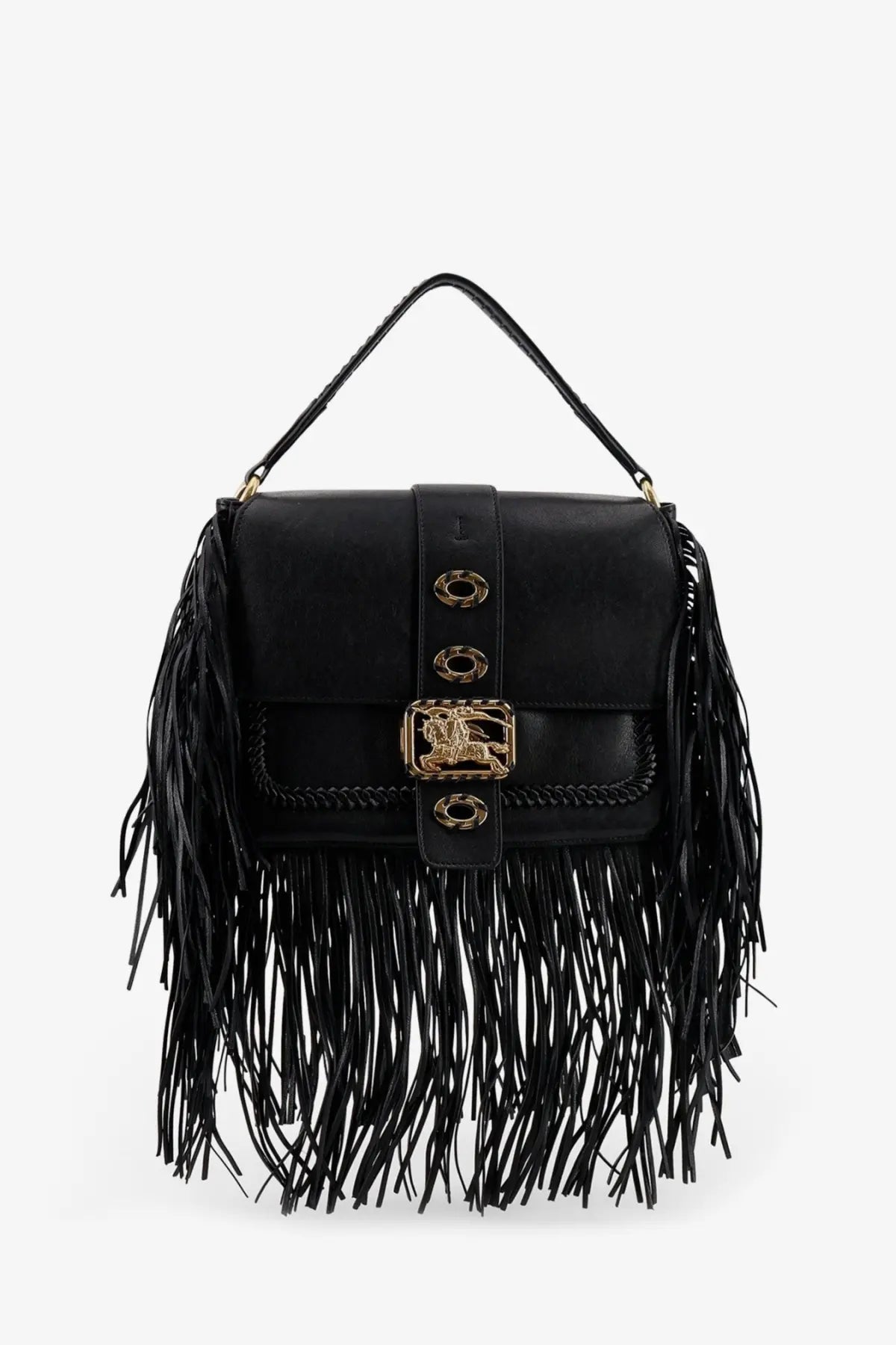 Burberry women’s rider black leather shoulder bag with fringe and gold-tone metal clasp and hardware