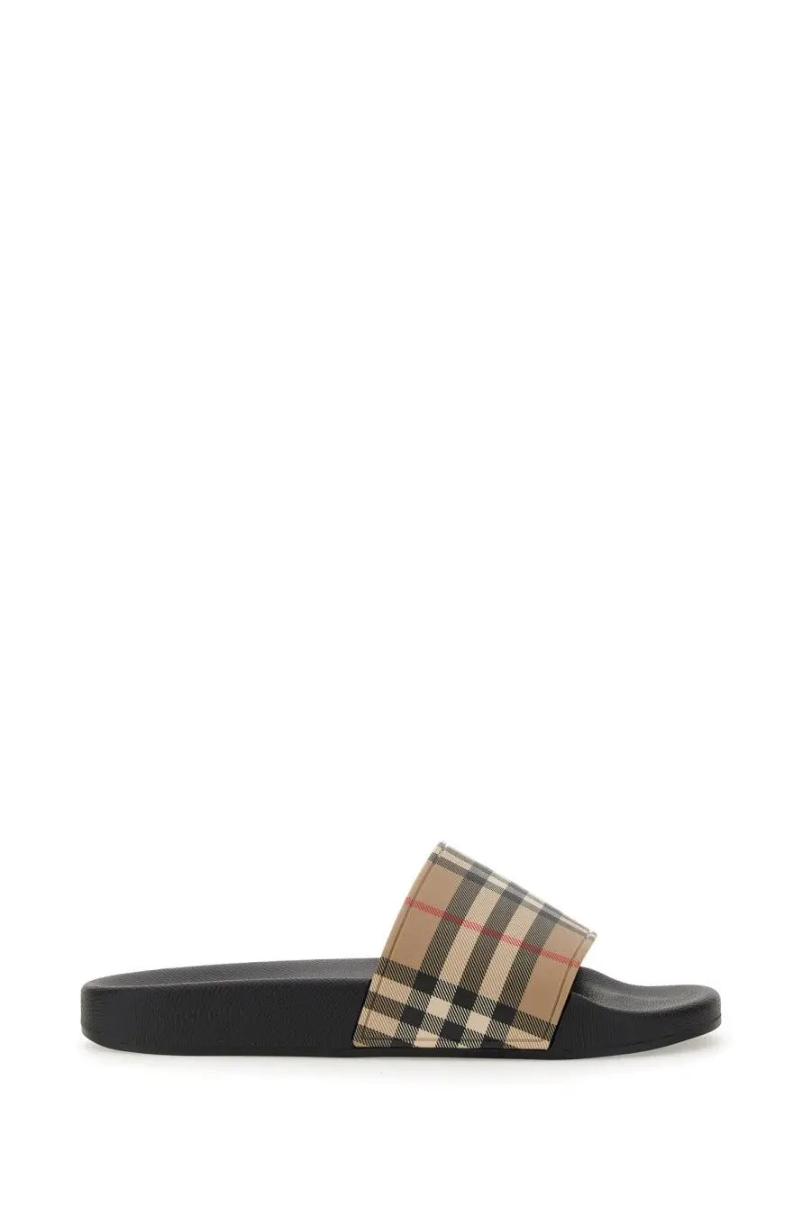 Burberry women’s slide sandal with black rubber sole and beige black red checkered fabric strap featuring Burberry pattern