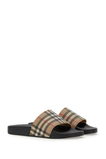 Black slide sandals with beige brown and red checkered burberry fabric strap for women