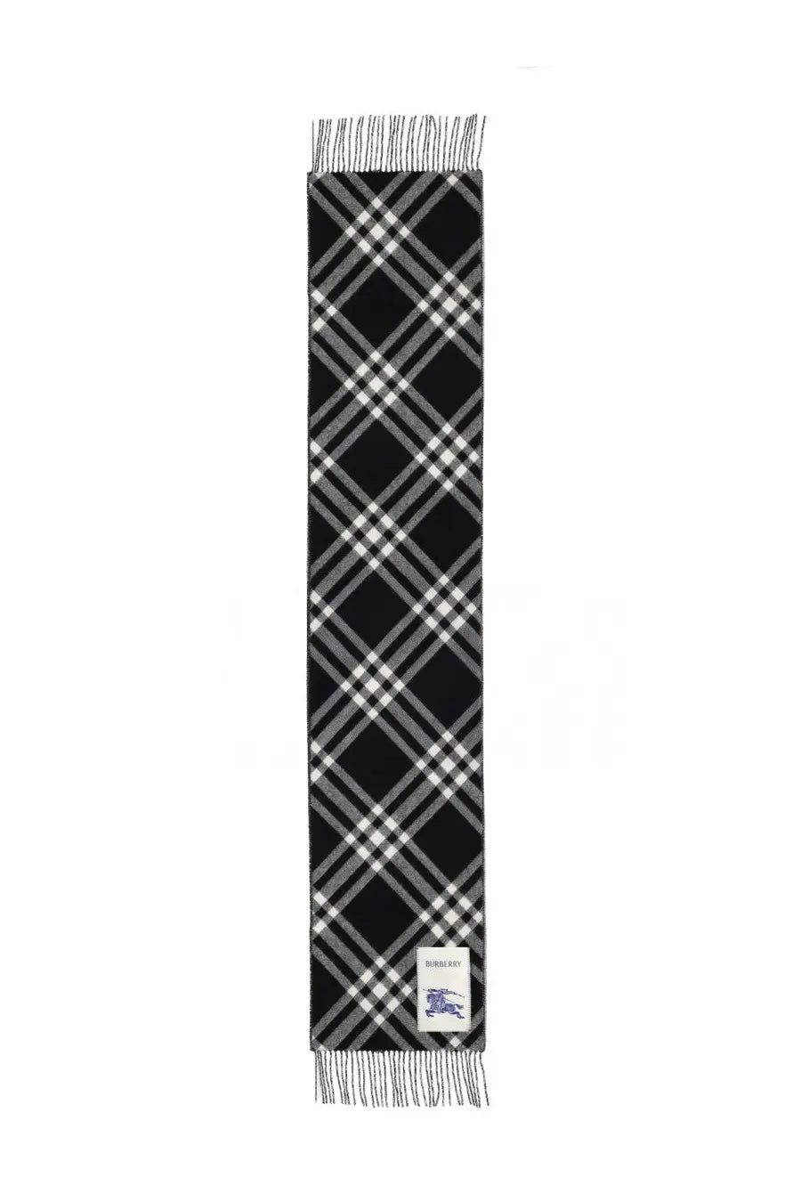 Burberry women’s cashmere check scarf in black and white with gray accents and fringed ends