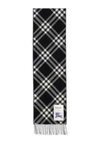 Burberry women’s sciara in cashmere check black black and white checkered scarf with gray accent and fringed ends