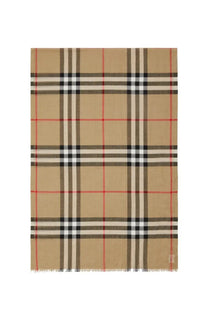 Beige Burberry women’s check scarf featuring black white and red stripes in a classic wool blend design
