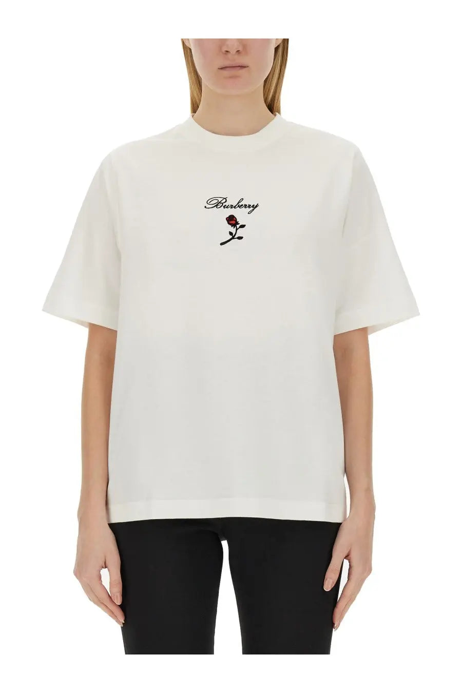 Burberry women’s white t-shirt with small embroidered rose logo on chest made from soft cotton material
