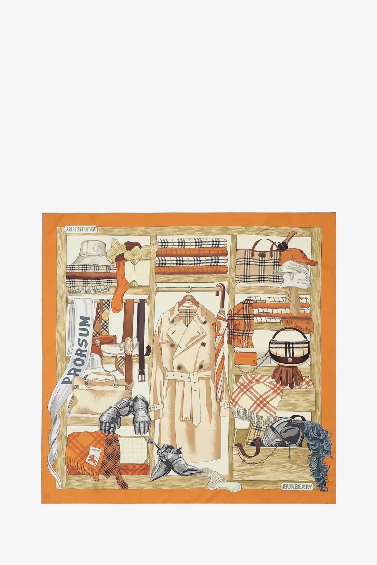 Burberry women’s silk foulard in orange with detailed trench coat illustration and iconic check patterns and accessories